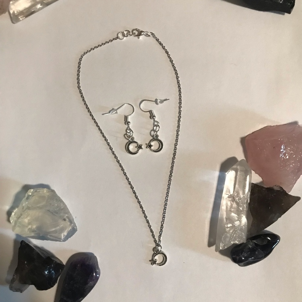 Small moon/star charm earrings and necklace bundle